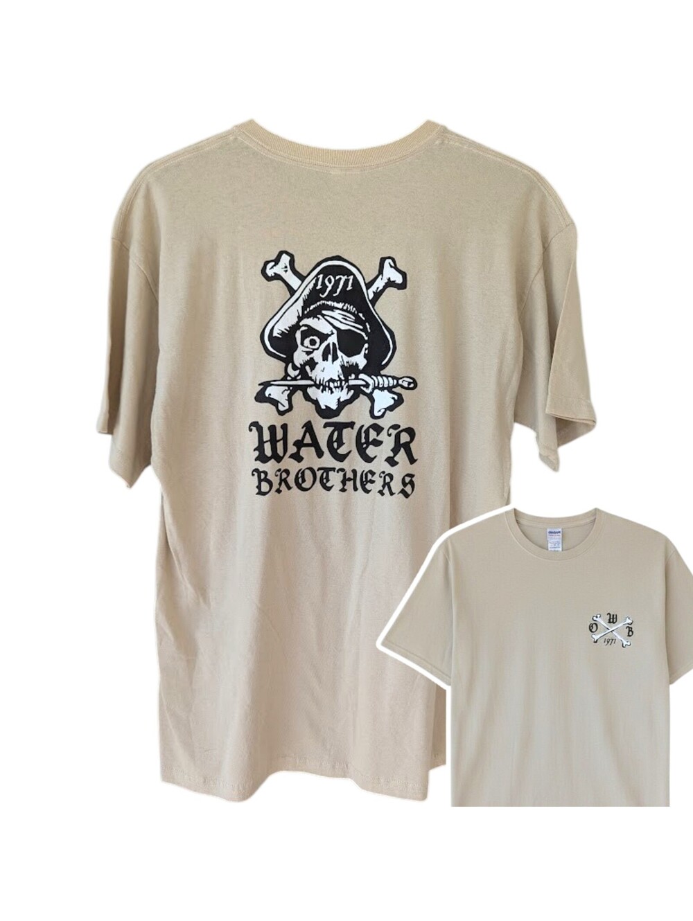Vintage Y2K Water Brothers Surf Skate T-Shirt Deadstock NWOT L Beige Jolly Roger